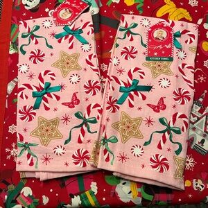Pink Dolly Christmas tea kitchen towel with Candy Cane Design